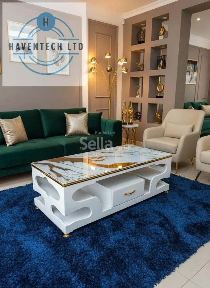 White Marble Coffee Table with Gold Accents