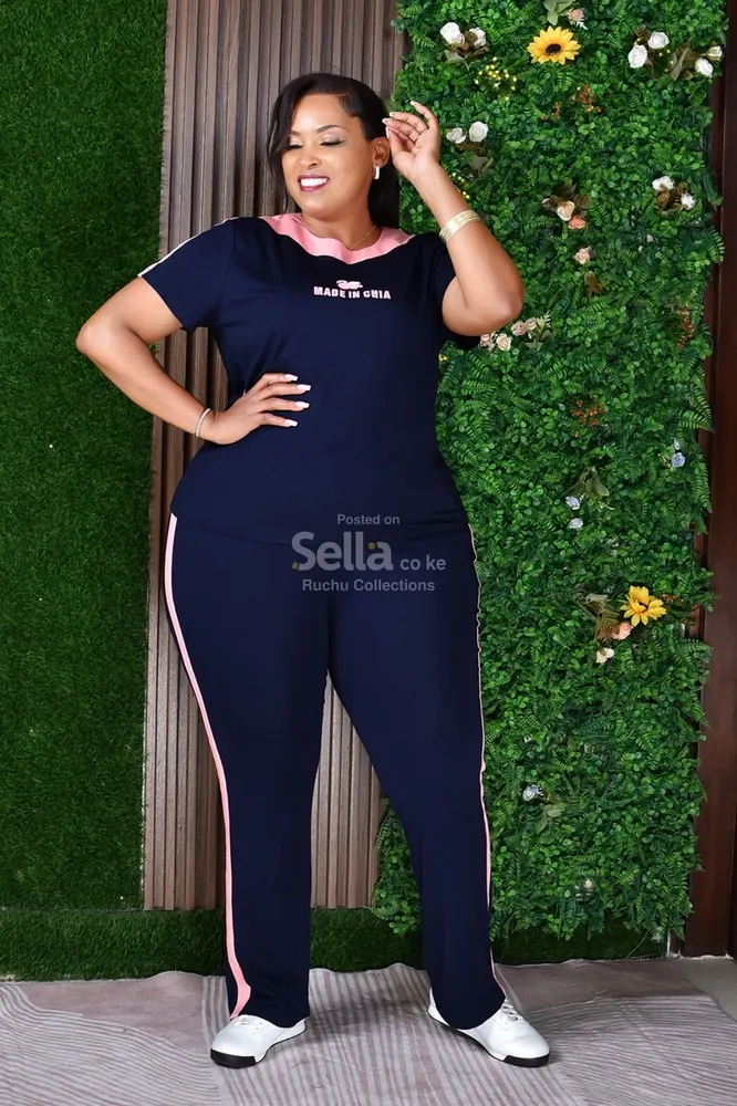 Navy Blue 2-Piece Track Suit Set with White Stripe