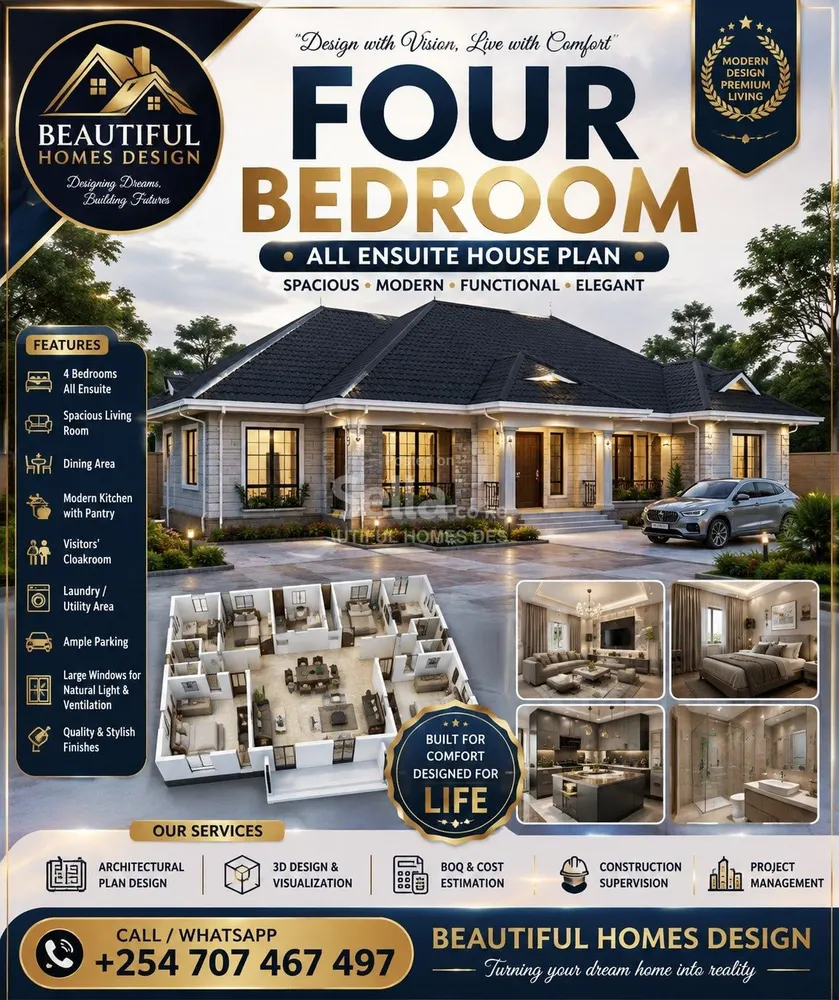 Architectural plan for four bedroom with all bedrooms ensuite 