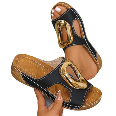 Women's Premium Comfort Gold-Buckle Slide Sandals